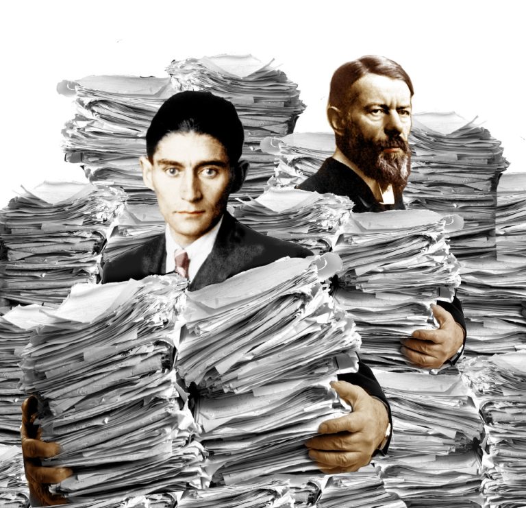 photoshopped image of Franz Kafka and Max Weber buried in piles of paperwork