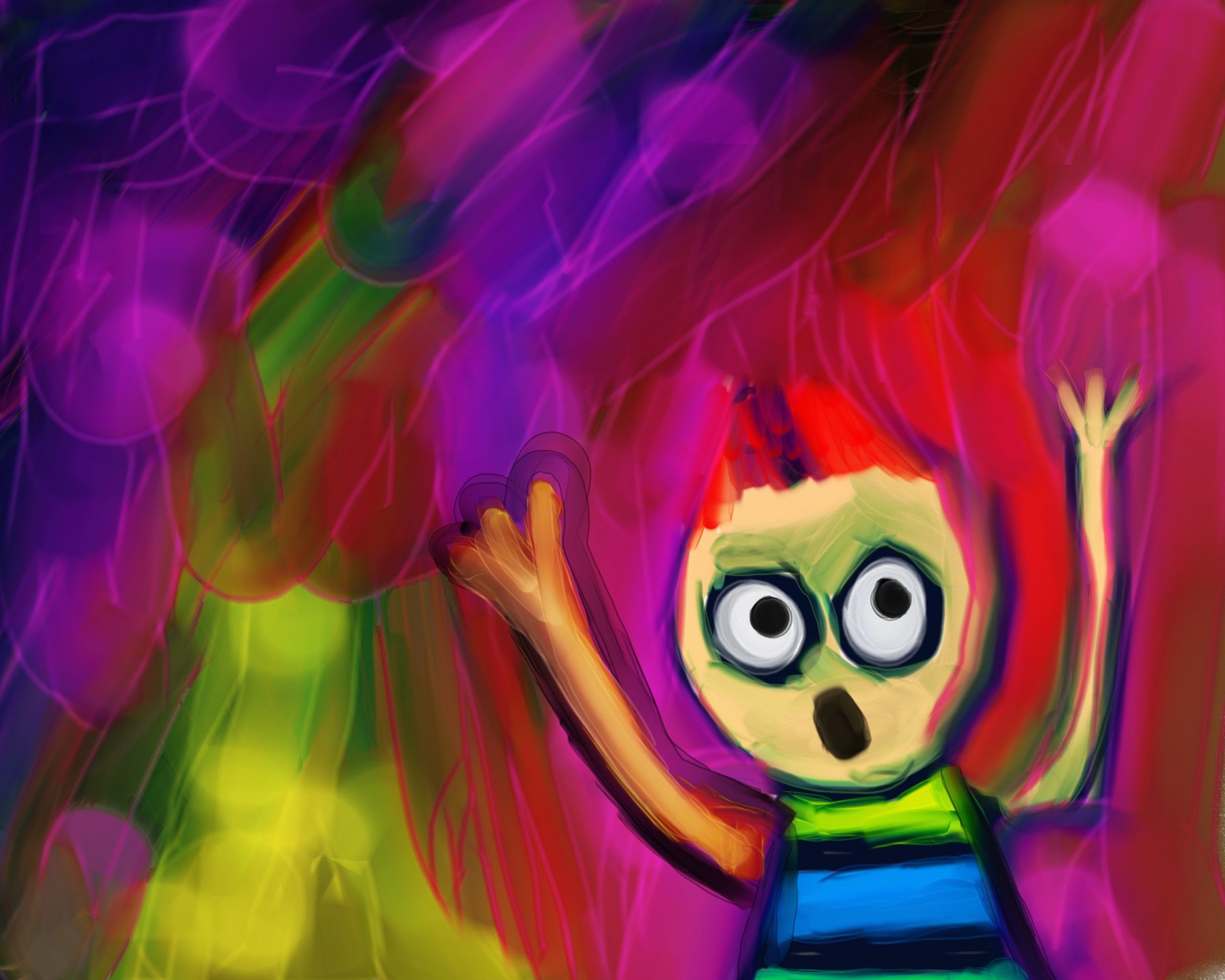Painting of a cartoon child screaming. Eyes wide open, hands raised in fear or panic. Child-like, yet full of fear