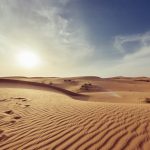 Footprints disappearing in a sparse, hard desert landscape with the sun blazing in the afternoon sky.