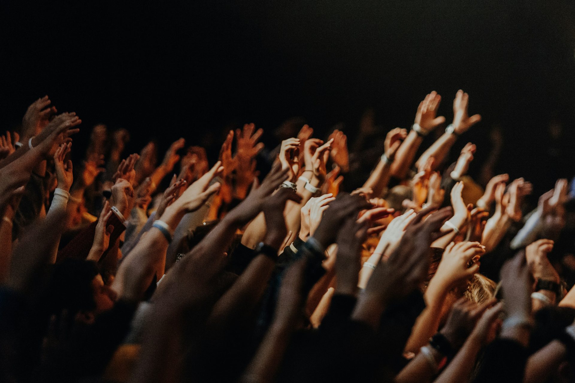 A crowd of ecstatic raised hands of all sorts of people at a concert