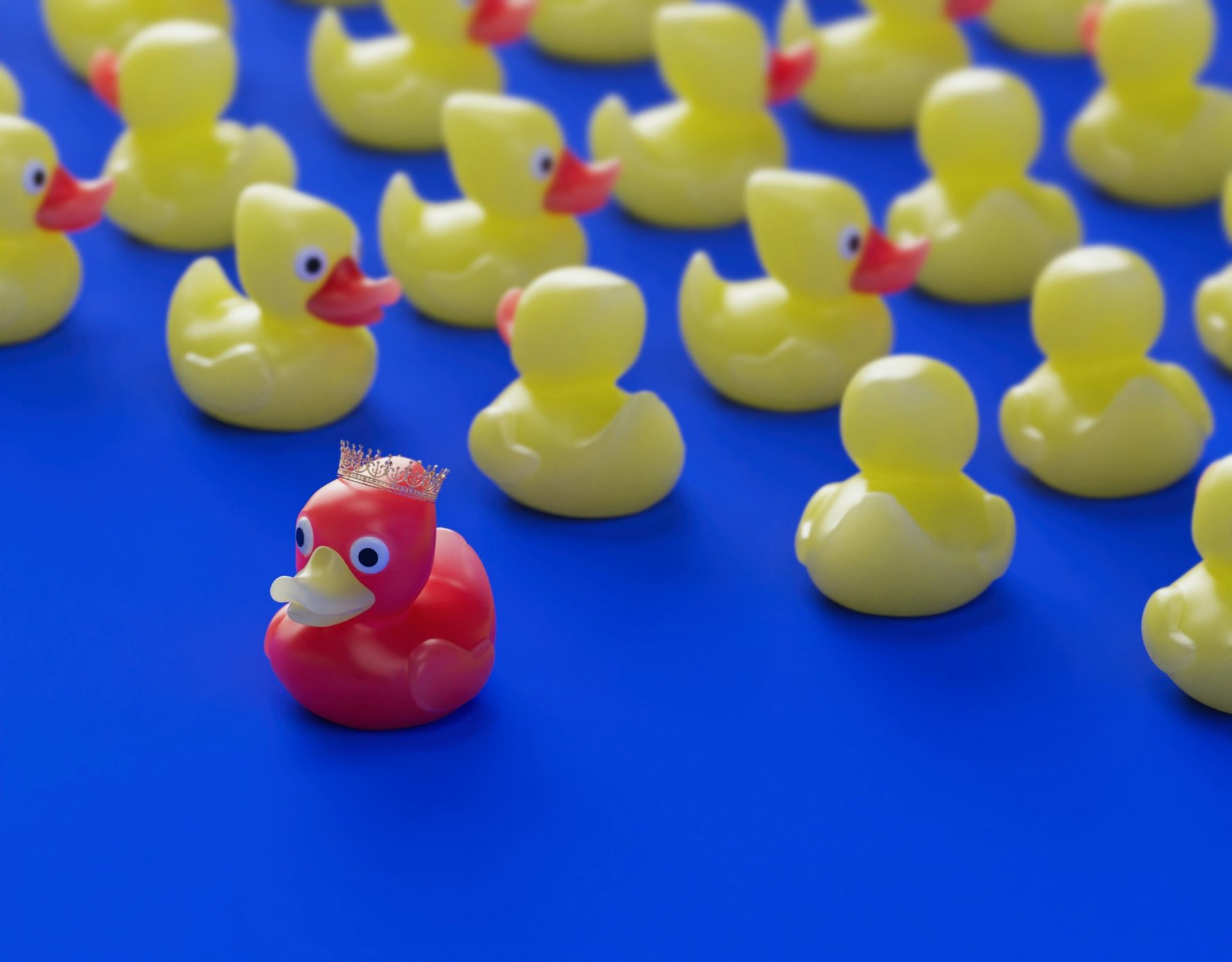 An array of toy yellow ducks on a blue background with one red duck with a crown facing at right angles to the rest.
