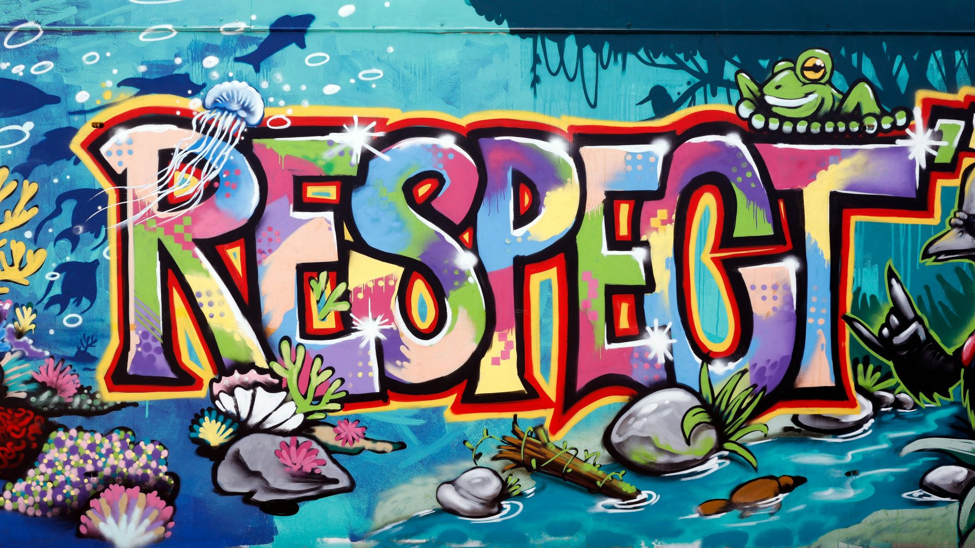 Bold Graffiti "Respect" set against a stylized comic shoreline.