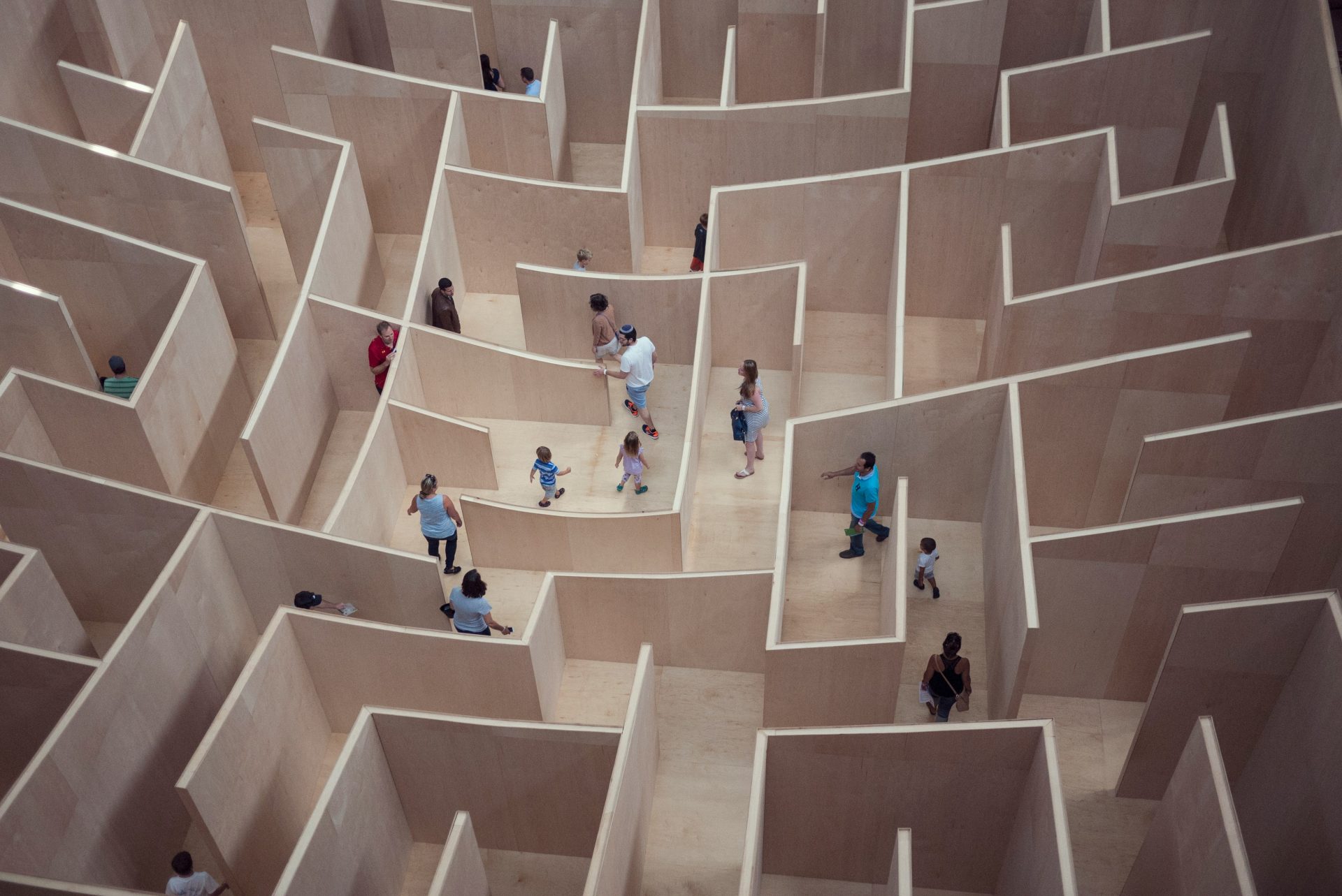 Tiny people of all sorts (children, adults, families) wandering around in a massive maze