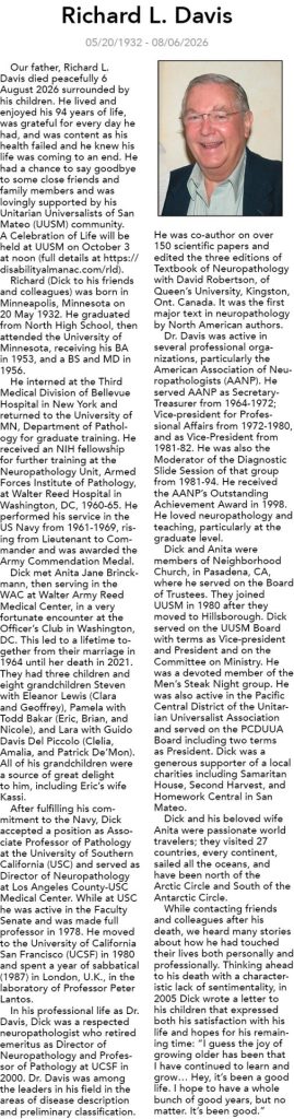 Picture of Richard Davis with image of obituary - text should be included in the doucment.